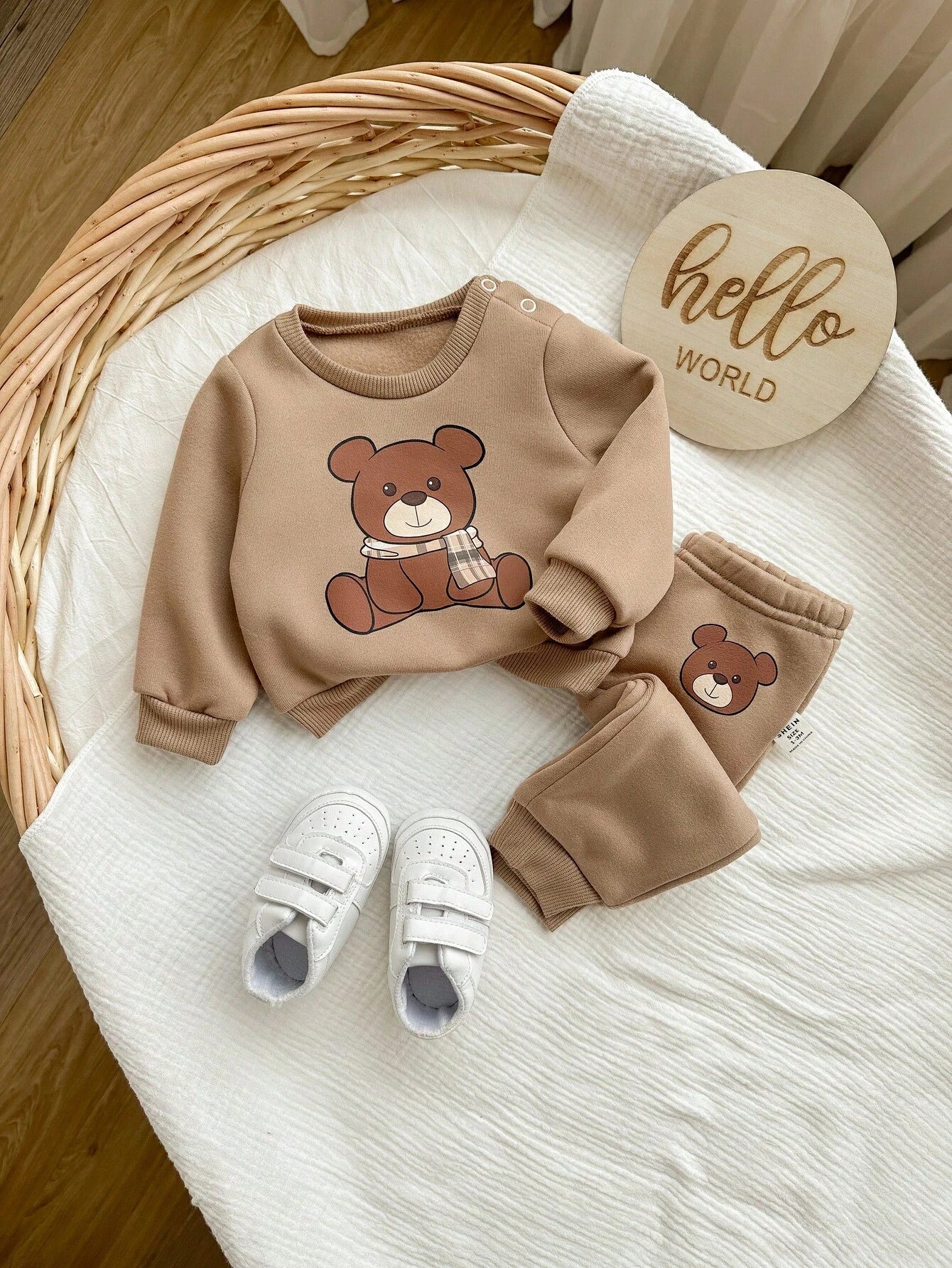 Newborn Baby Girl Cute Autumn Holiday Beige Cartoon Bear Sweatshirt And Winter Pants Set,Camel Long Sleeve Neutral Unisex Mocha Brown Clothes