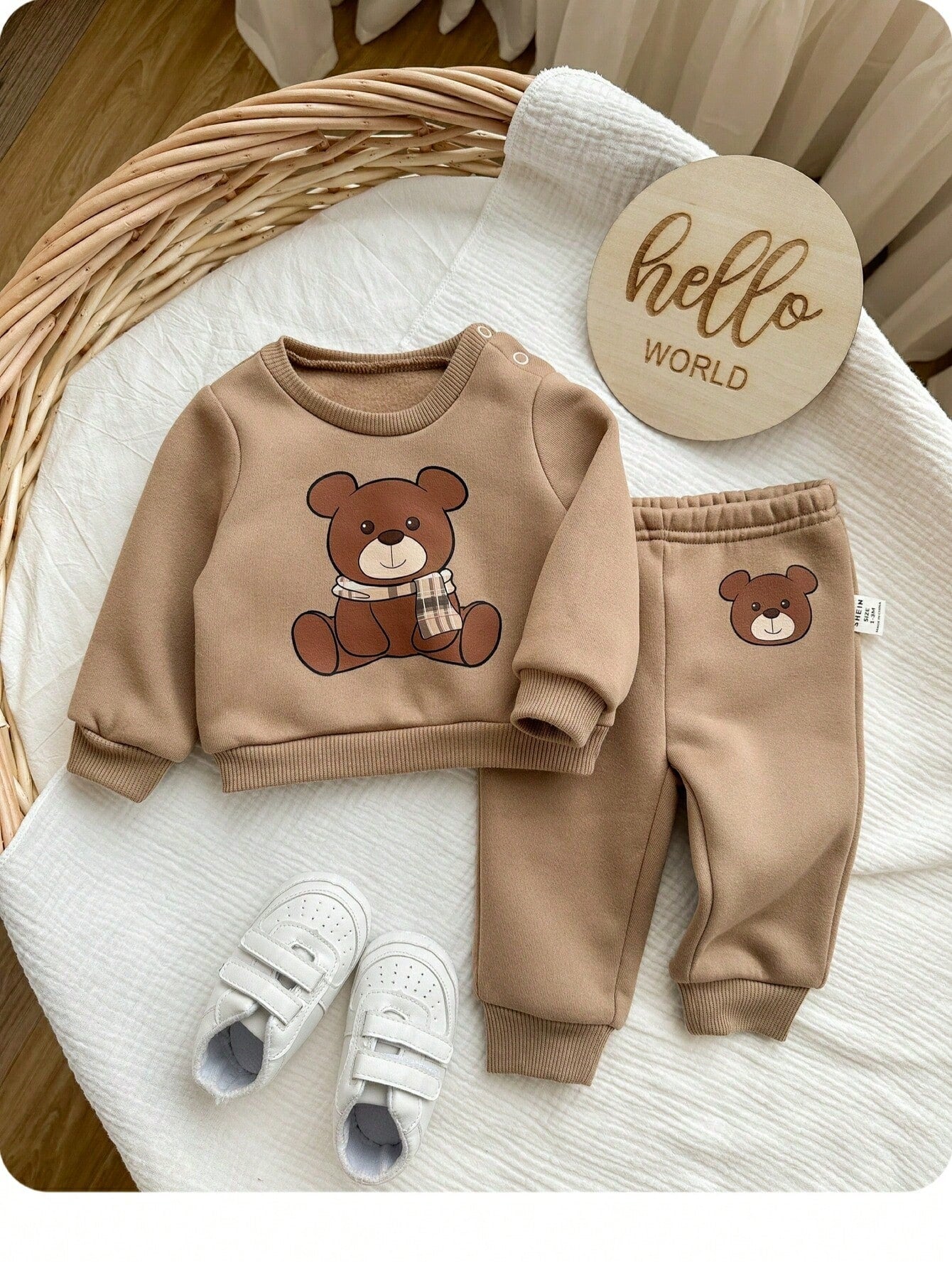 Newborn Baby Girl Cute Autumn Holiday Beige Cartoon Bear Sweatshirt And Winter Pants Set,Camel Long Sleeve Neutral Unisex Mocha Brown Clothes