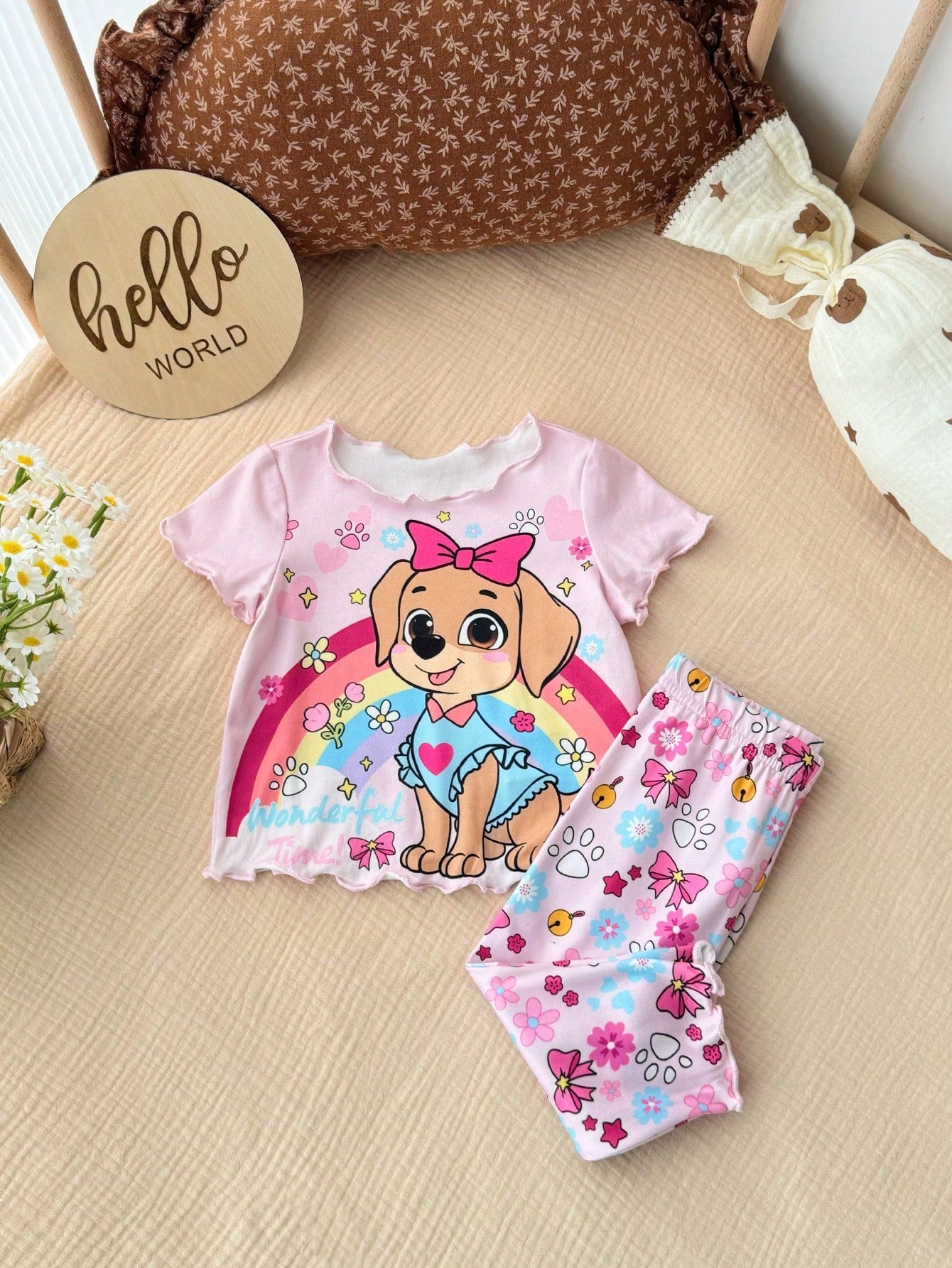Newborn Baby Girl Cute Cartoon Print Short Sleeve T-Shirt And Pants Homewear Set,Summer Tts Bestie Clothes Anime Pajama Pant Outfit