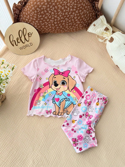 Newborn Baby Girl Cute Cartoon Print Short Sleeve T-Shirt And Pants Homewear Set,Summer Tts Bestie Clothes Anime Pajama Pant Outfit