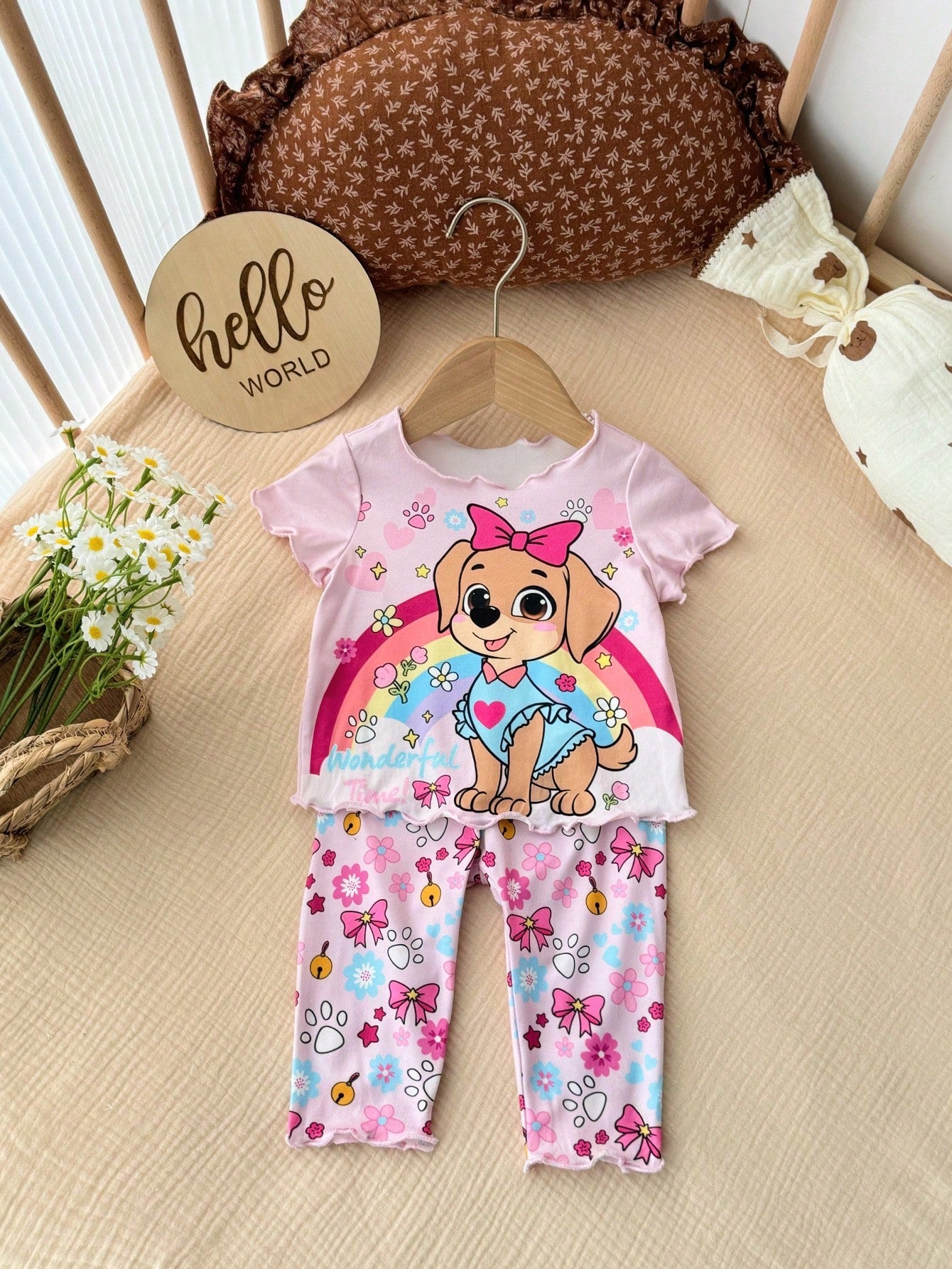 Newborn Baby Girl Cute Cartoon Print Short Sleeve T-Shirt And Pants Homewear Set,Summer Tts Bestie Clothes Anime Pajama Pant Outfit