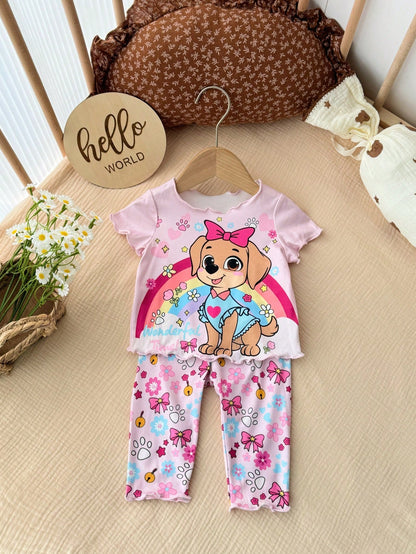 Newborn Baby Girl Cute Cartoon Print Short Sleeve T-Shirt And Pants Homewear Set,Summer Tts Bestie Clothes Anime Pajama Pant Outfit