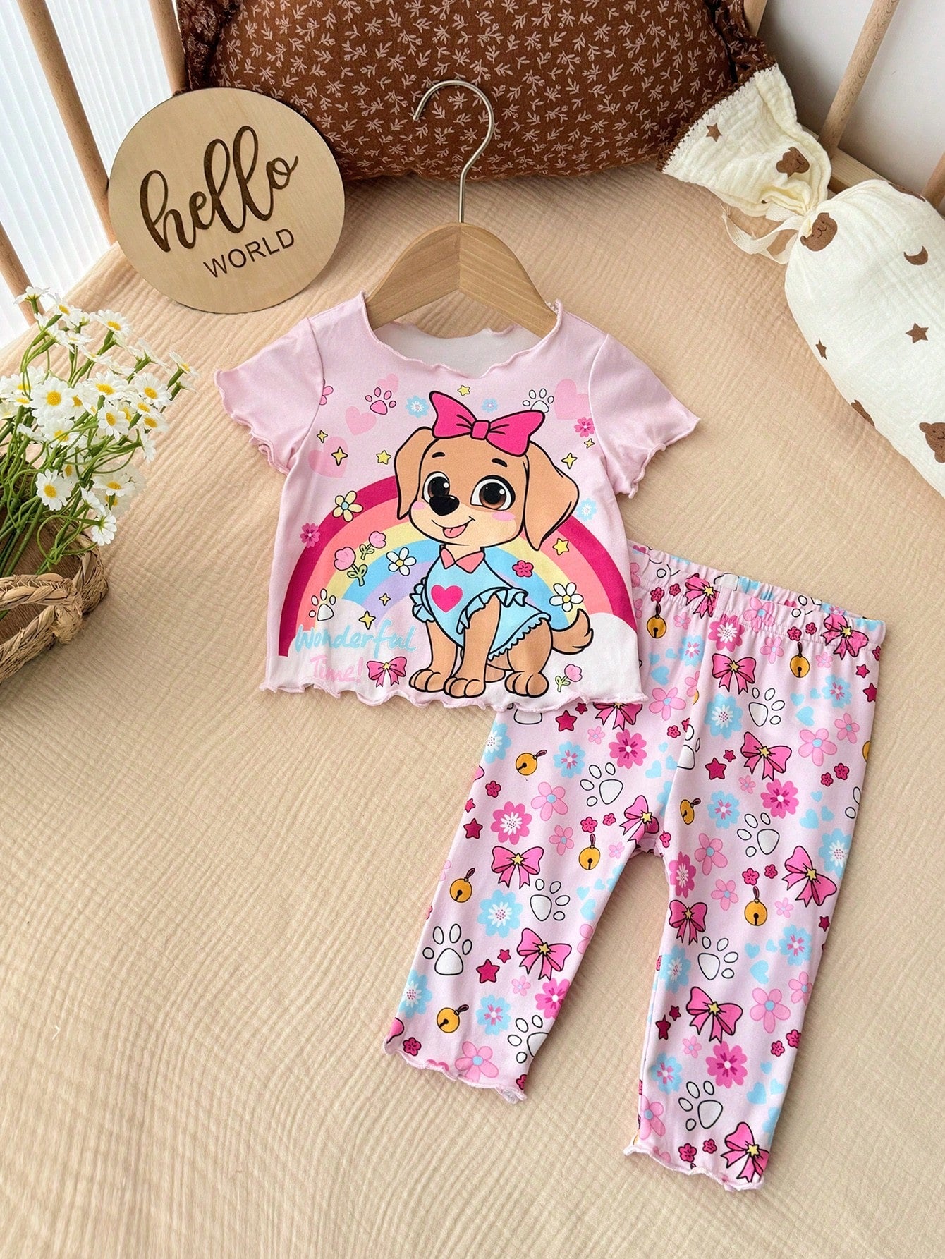Newborn Baby Girl Cute Cartoon Print Short Sleeve T-Shirt And Pants Homewear Set,Summer Tts Bestie Clothes Anime Pajama Pant Outfit
