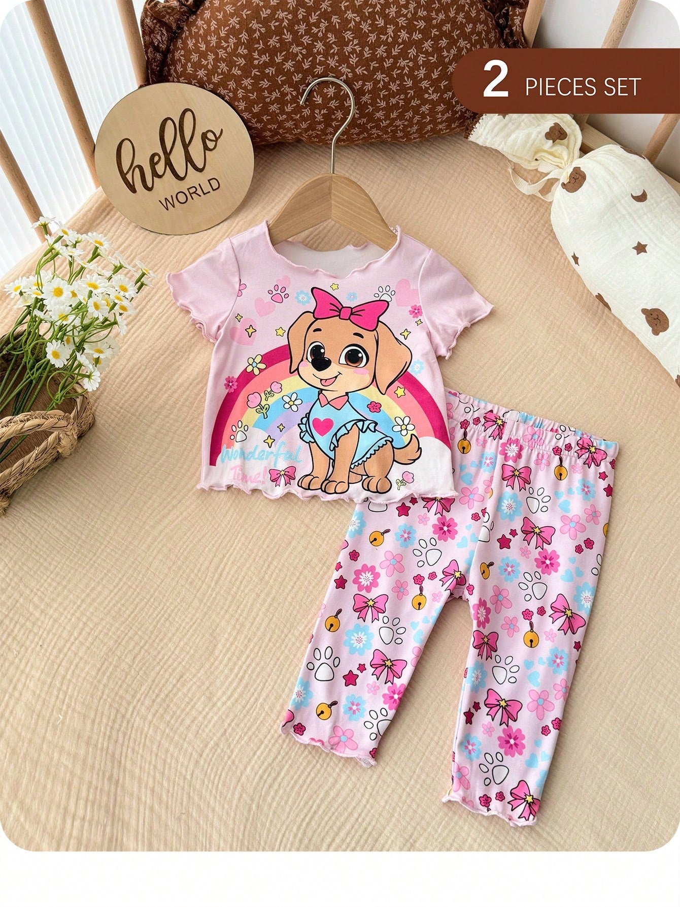 Newborn Baby Girl Cute Cartoon Print Short Sleeve T-Shirt And Pants Homewear Set,Summer Tts Bestie Clothes Anime Pajama Pant Outfit