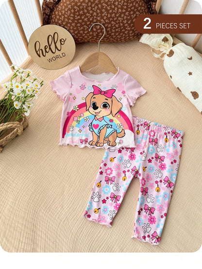 Newborn Baby Girl Cute Cartoon Print Short Sleeve T-Shirt And Pants Homewear Set,Summer Tts Bestie Clothes Anime Pajama Pant Outfit