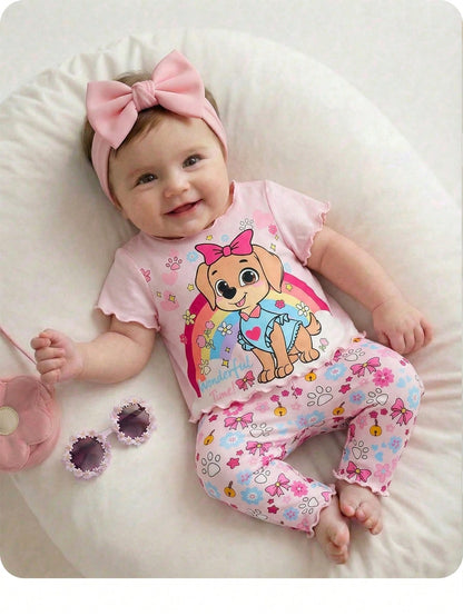 Newborn Baby Girl Cute Cartoon Print Short Sleeve T-Shirt And Pants Homewear Set,Summer Tts Bestie Clothes Anime Pajama Pant Outfit