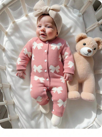 Newborn Baby Girl Cute Light Pink Knit Jumpsuit,Autumn/Winter Bow Print Knitted Romper,Casual Fall Clothes