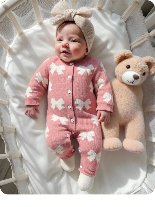 Newborn Baby Girl Cute Light Pink Knit Jumpsuit,Autumn/Winter Bow Print Knitted Romper,Casual Fall Clothes