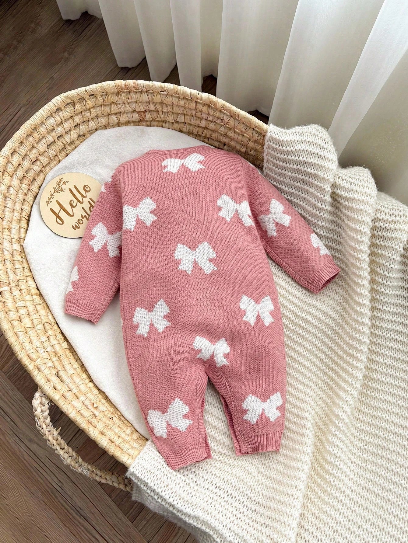 Newborn Baby Girl Cute Light Pink Knit Jumpsuit,Autumn/Winter Bow Print Knitted Romper,Casual Fall Clothes