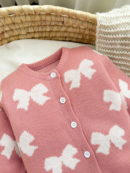 Newborn Baby Girl Cute Light Pink Knit Jumpsuit,Autumn/Winter Bow Print Knitted Romper,Casual Fall Clothes