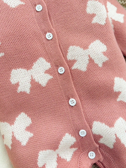 Newborn Baby Girl Cute Light Pink Knit Jumpsuit,Autumn/Winter Bow Print Knitted Romper,Casual Fall Clothes