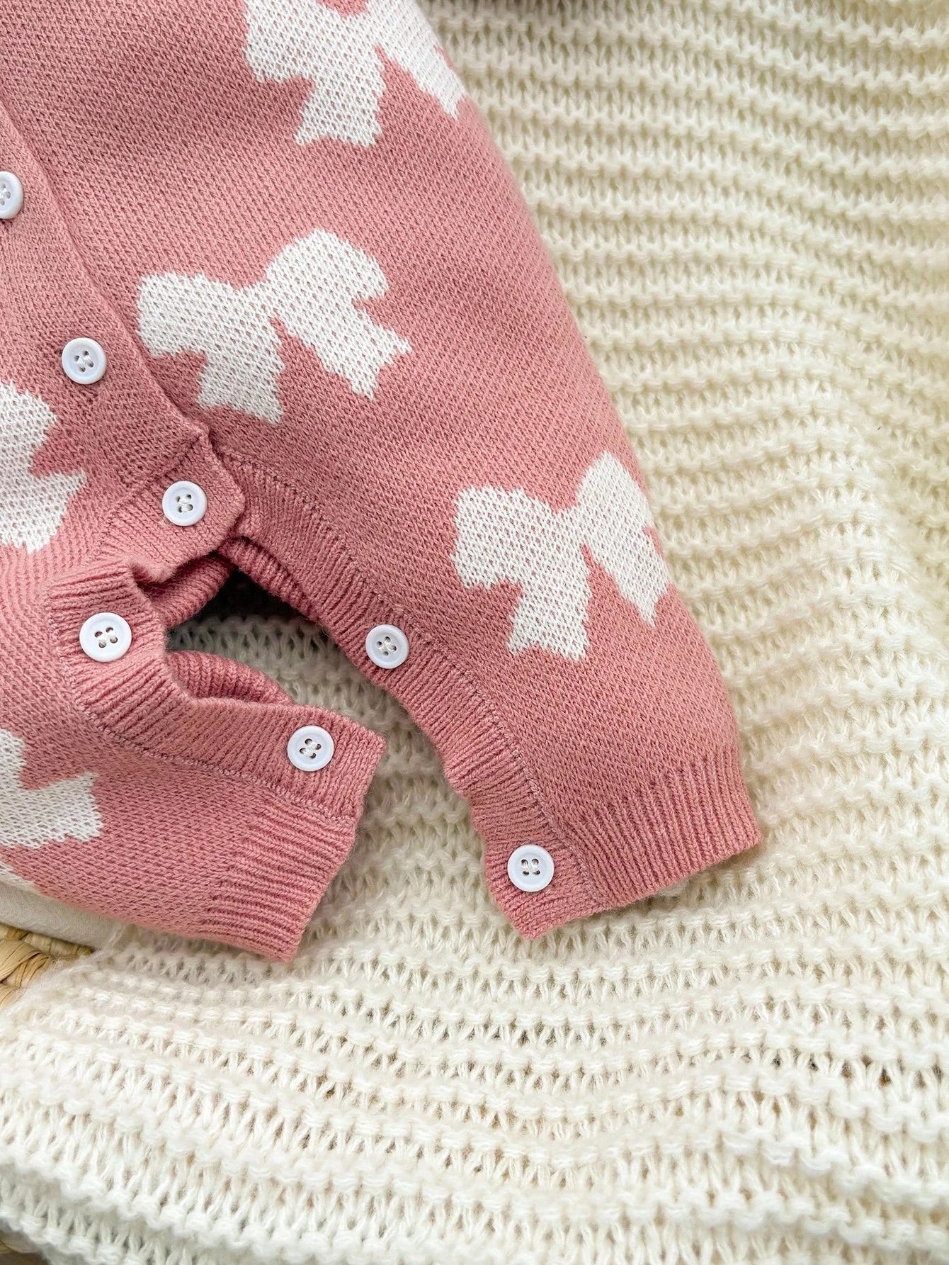 Newborn Baby Girl Cute Light Pink Knit Jumpsuit,Autumn/Winter Bow Print Knitted Romper,Casual Fall Clothes