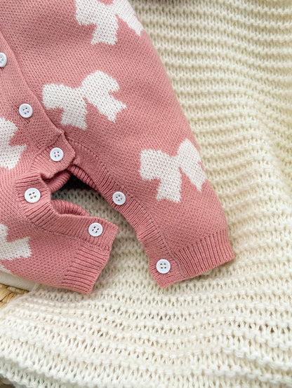 Newborn Baby Girl Cute Light Pink Knit Jumpsuit,Autumn/Winter Bow Print Knitted Romper,Casual Fall Clothes