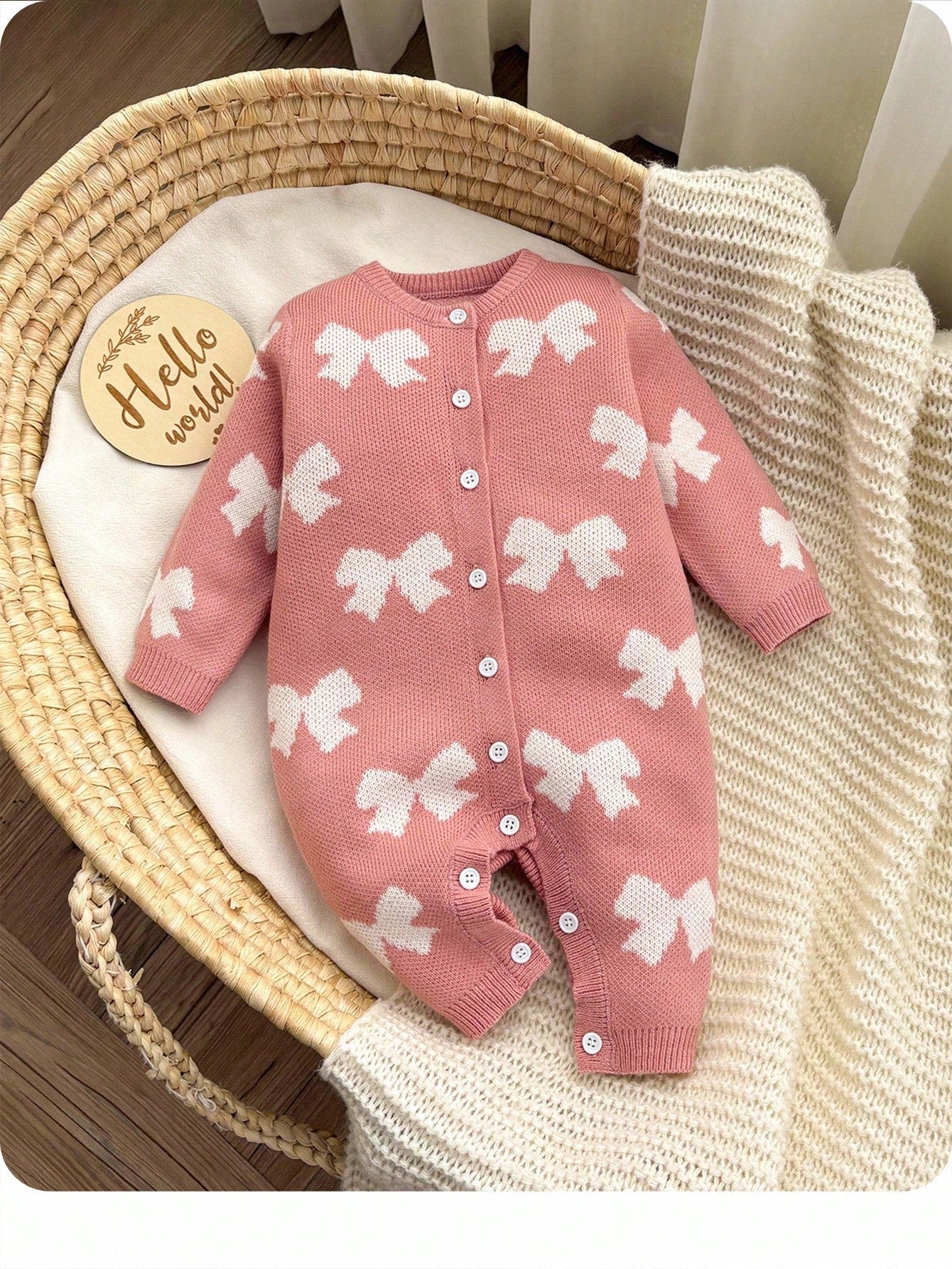 Newborn Baby Girl Cute Light Pink Knit Jumpsuit,Autumn/Winter Bow Print Knitted Romper,Casual Fall Clothes