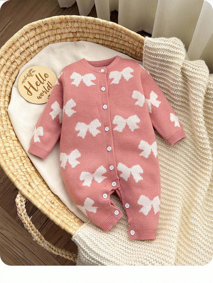 Newborn Baby Girl Cute Light Pink Knit Jumpsuit,Autumn/Winter Bow Print Knitted Romper,Casual Fall Clothes