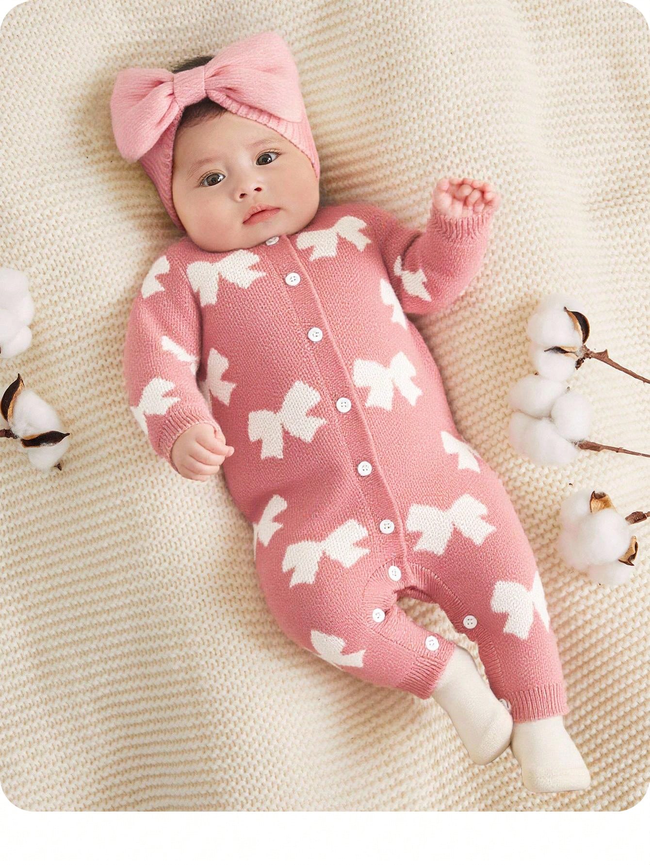 Newborn Baby Girl Cute Light Pink Knit Jumpsuit,Autumn/Winter Bow Print Knitted Romper,Casual Fall Clothes