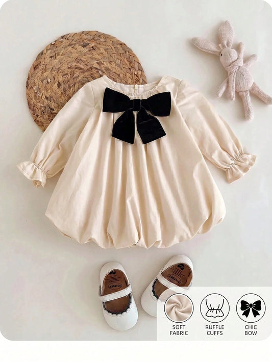 Newborn Baby Girl Cute Summer Elegant Apricot Bow Loose Long Sleeve Dress Cream Puff Vintage Special Occasion Fall Winter