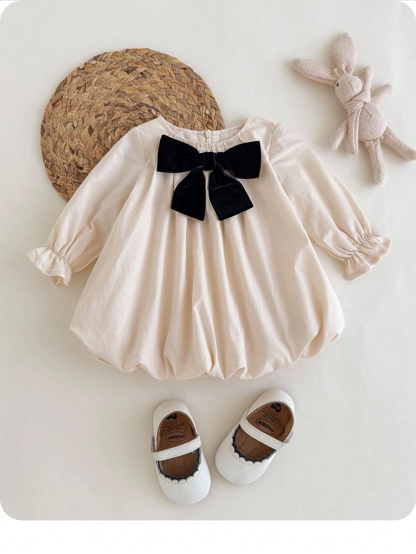 Newborn Baby Girl Cute Summer Elegant Apricot Bow Loose Long Sleeve Dress Cream Puff Vintage Special Occasion Fall Winter