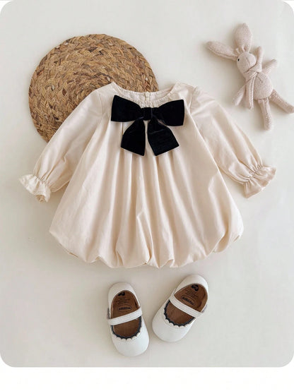 Newborn Baby Girl Cute Summer Elegant Apricot Bow Loose Long Sleeve Dress Cream Puff Vintage Special Occasion Fall Winter