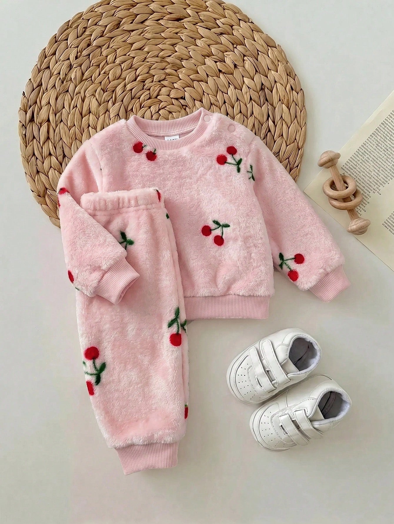 Newborn Baby Girl Fluffy Cute Casual Cherry Print Long Sleeve Winter Top And Elastic Waist Long Pants Set