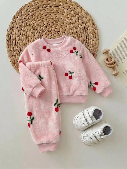 Newborn Baby Girl Fluffy Cute Casual Cherry Print Long Sleeve Winter Top And Elastic Waist Long Pants Set