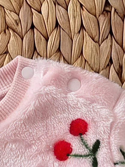 Newborn Baby Girl Fluffy Cute Casual Cherry Print Long Sleeve Winter Top And Elastic Waist Long Pants Set