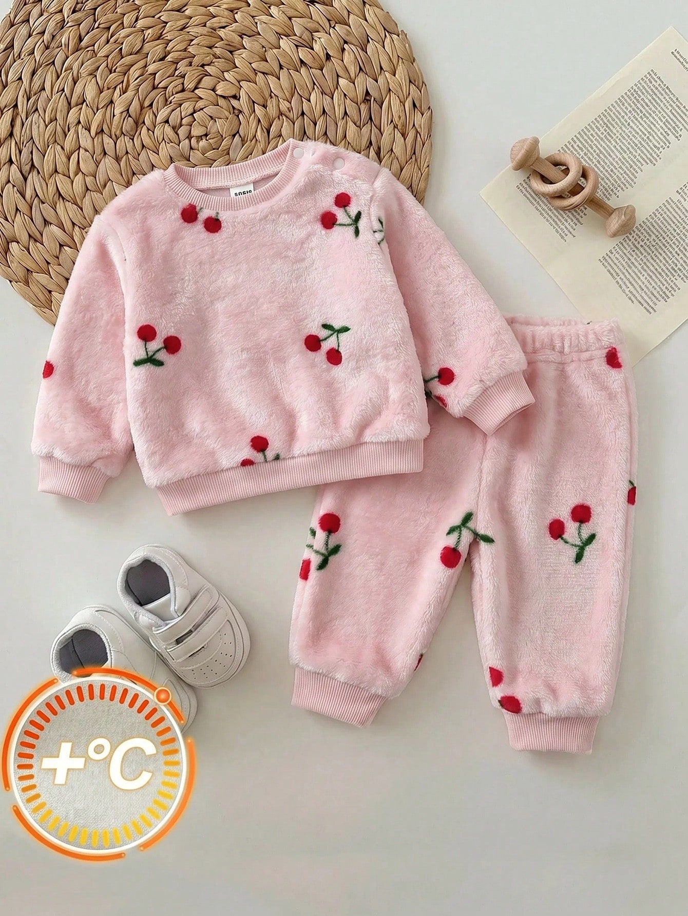 Newborn Baby Girl Fluffy Cute Casual Cherry Print Long Sleeve Winter Top And Elastic Waist Long Pants Set