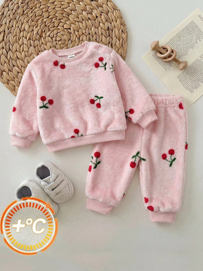 Newborn Baby Girl Fluffy Cute Casual Cherry Print Long Sleeve Winter Top And Elastic Waist Long Pants Set