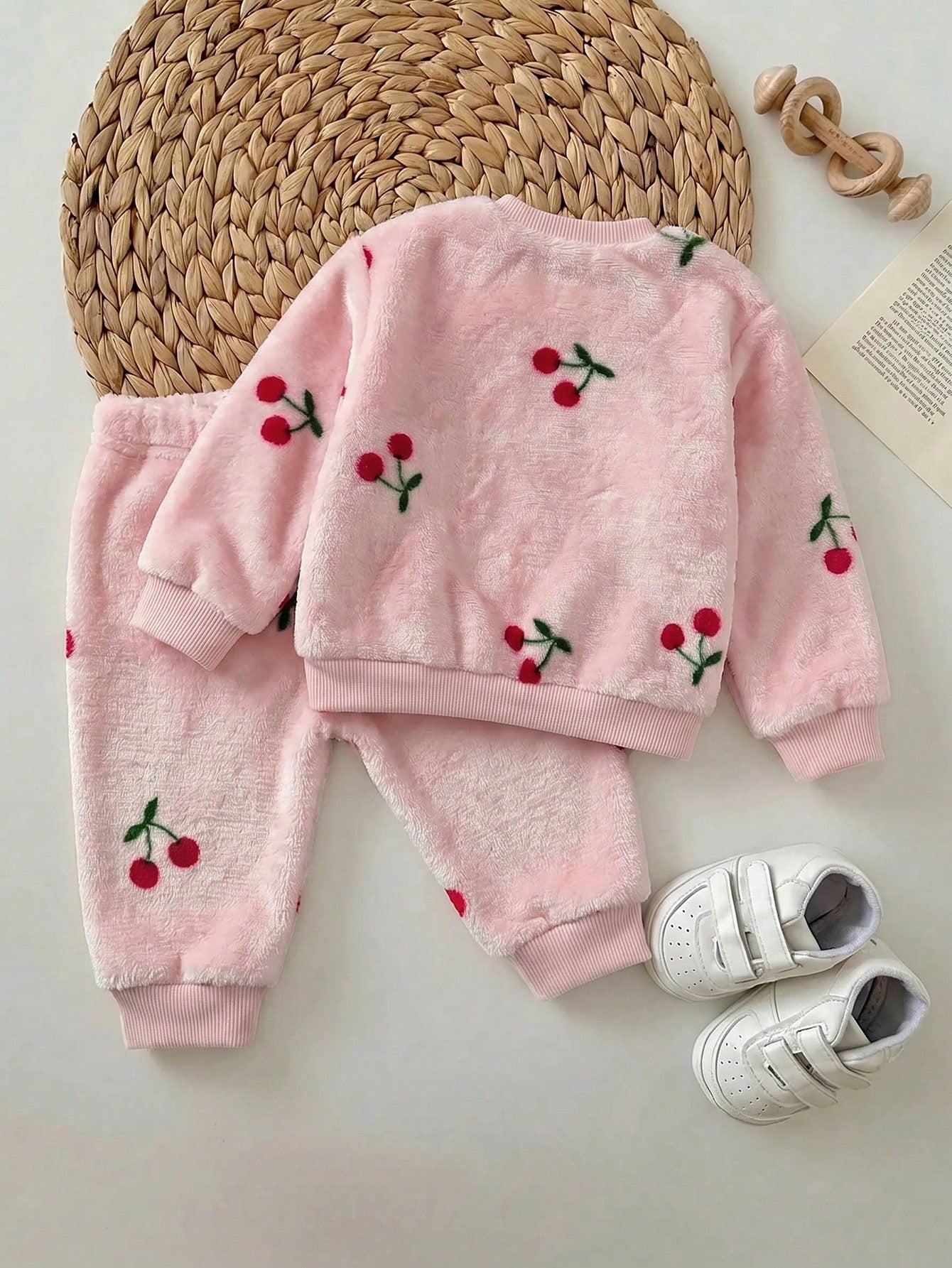 Newborn Baby Girl Fluffy Cute Casual Cherry Print Long Sleeve Winter Top And Elastic Waist Long Pants Set