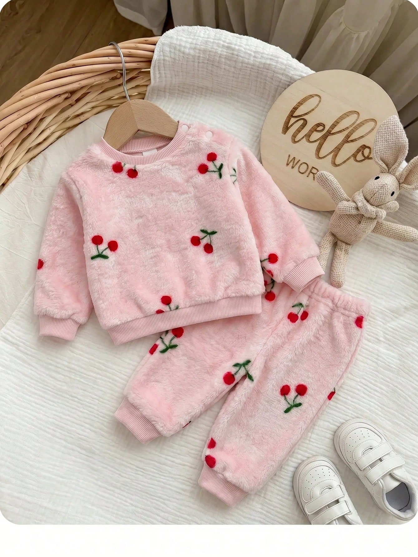 Newborn Baby Girl Fluffy Cute Casual Cherry Print Long Sleeve Winter Top And Elastic Waist Long Pants Set