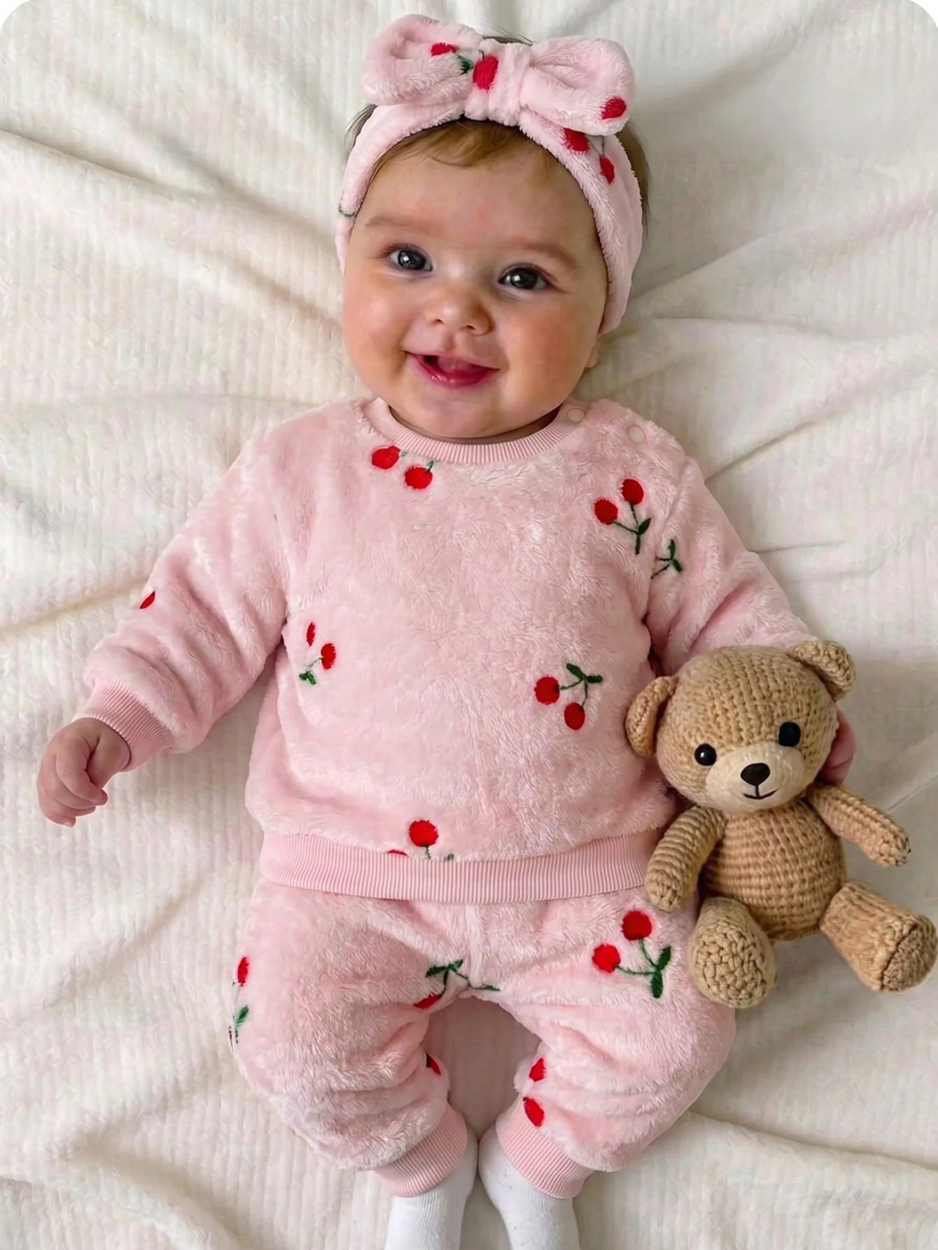 Newborn Baby Girl Fluffy Cute Casual Cherry Print Long Sleeve Winter Top And Elastic Waist Long Pants Set