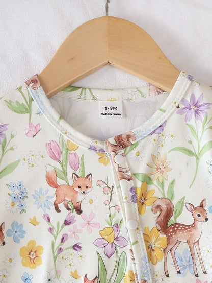 Newborn Baby Girl Off-White Autumn Cute Kawaii Family Matching Giraffe Squirrel Print Knit Soft Round Neck Long Sleeve Footie Jumpsuit Gift Night