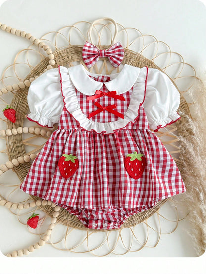 Newborn Baby Girl's Cute Red & White Plaid Strawberry Print Peter Pan Collar Bodysuit With Headband, Summer