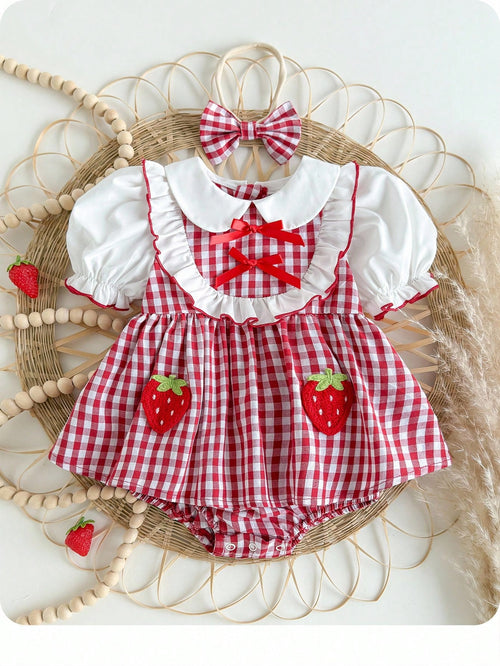 Newborn Baby Girl's Cute Red & White Plaid Strawberry Print Peter Pan Collar Bodysuit With Headband, Summer