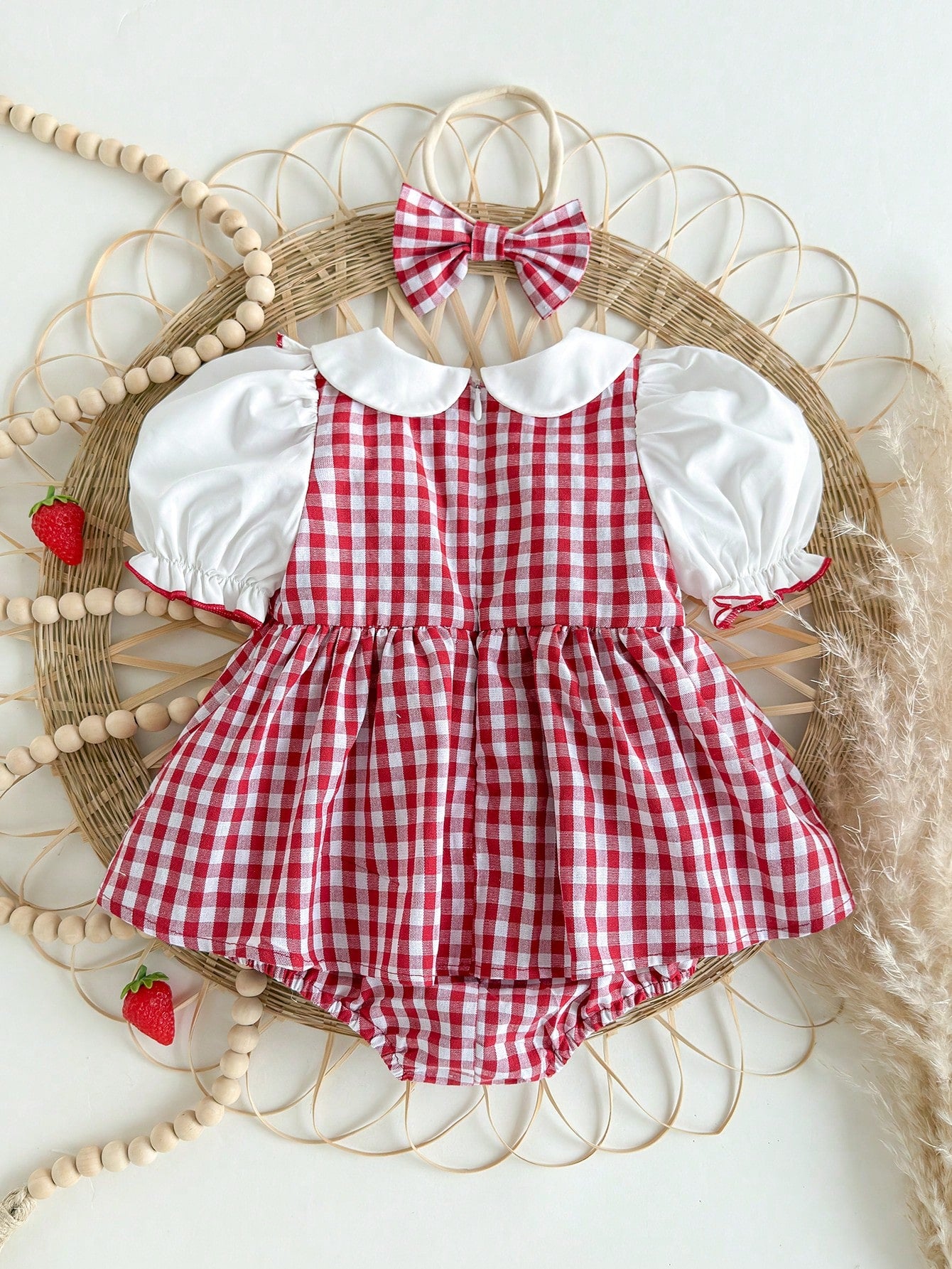Newborn Baby Girl's Cute Red & White Plaid Strawberry Print Peter Pan Collar Bodysuit With Headband, Summer