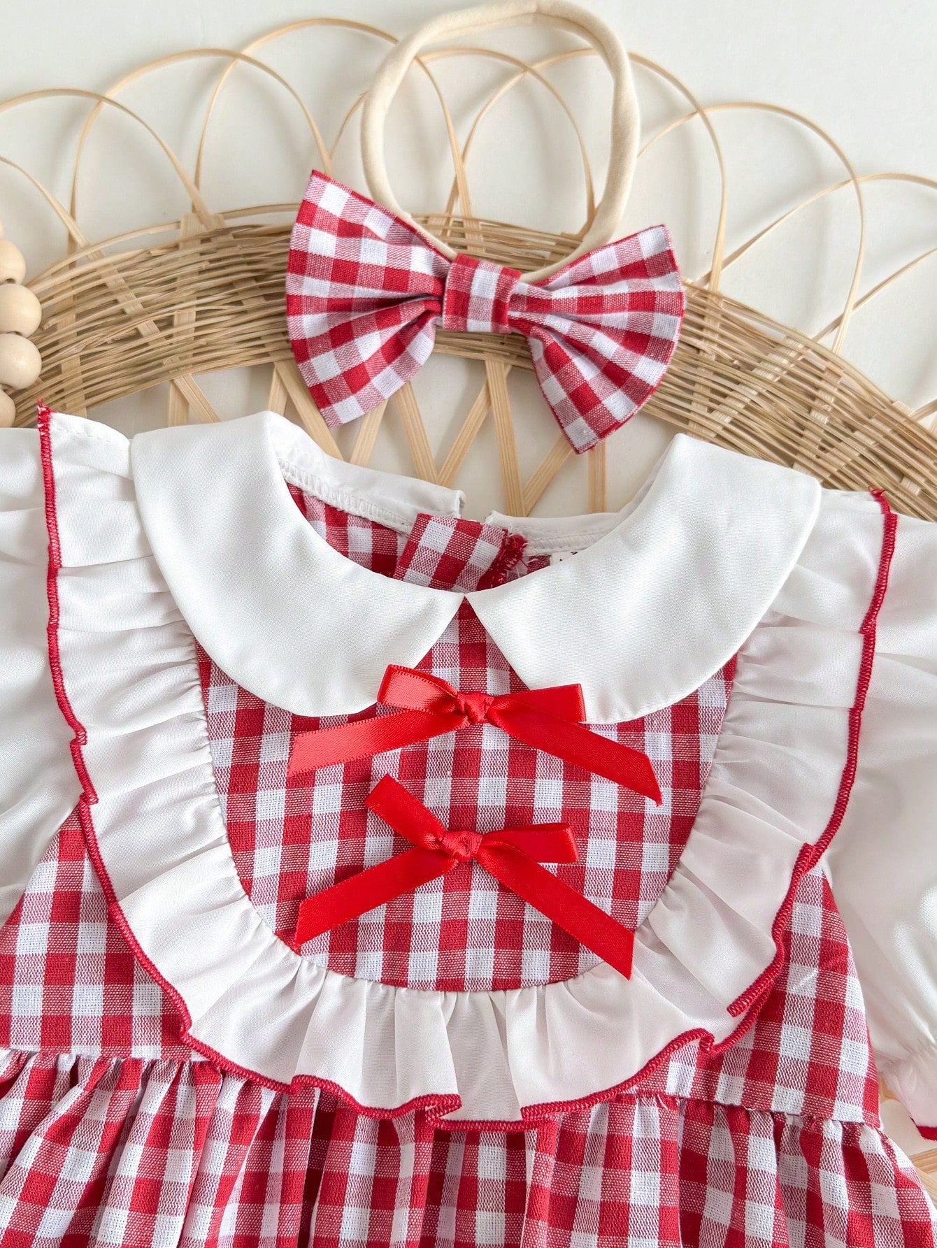 Newborn Baby Girl's Cute Red & White Plaid Strawberry Print Peter Pan Collar Bodysuit With Headband, Summer