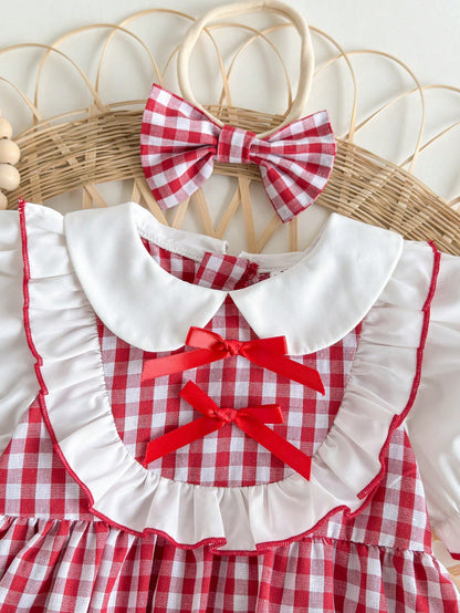 Newborn Baby Girl's Cute Red & White Plaid Strawberry Print Peter Pan Collar Bodysuit With Headband, Summer