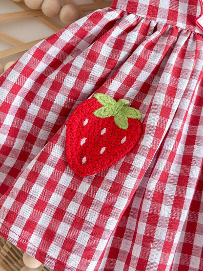Newborn Baby Girl's Cute Red & White Plaid Strawberry Print Peter Pan Collar Bodysuit With Headband, Summer