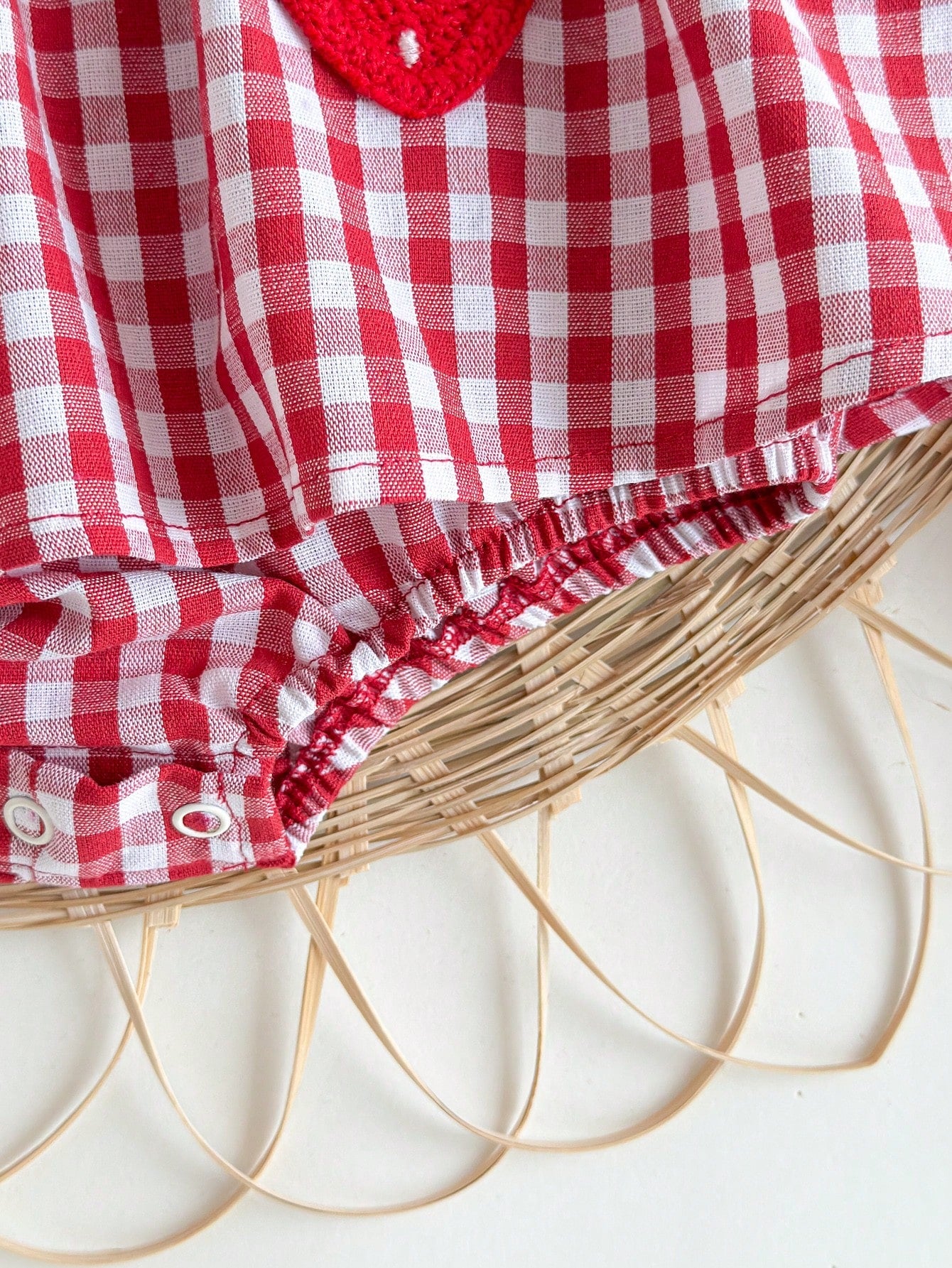 Newborn Baby Girl's Cute Red & White Plaid Strawberry Print Peter Pan Collar Bodysuit With Headband, Summer