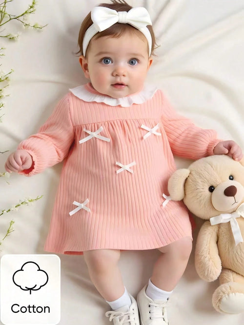 Newborn Baby Girl White Lace Collar Stitching Pink Long Sleeve Bowknot Dress, New Cute Elegant, Simple And Comfortable