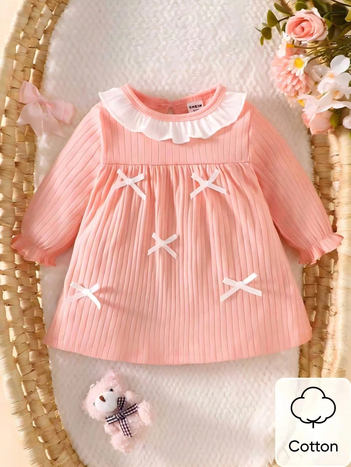 Newborn Baby Girl White Lace Collar Stitching Pink Long Sleeve Bowknot Dress, New Cute Elegant, Simple And Comfortable