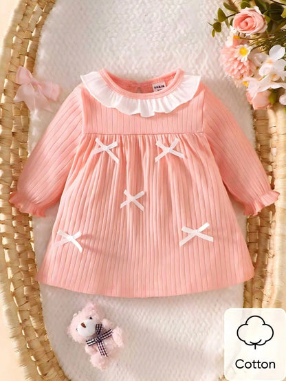 Newborn Baby Girl White Lace Collar Stitching Pink Long Sleeve Bowknot Dress, New Cute Elegant, Simple And Comfortable