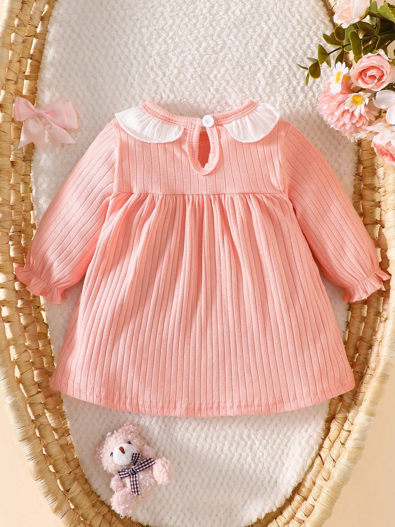 Newborn Baby Girl White Lace Collar Stitching Pink Long Sleeve Bowknot Dress, New Cute Elegant, Simple And Comfortable