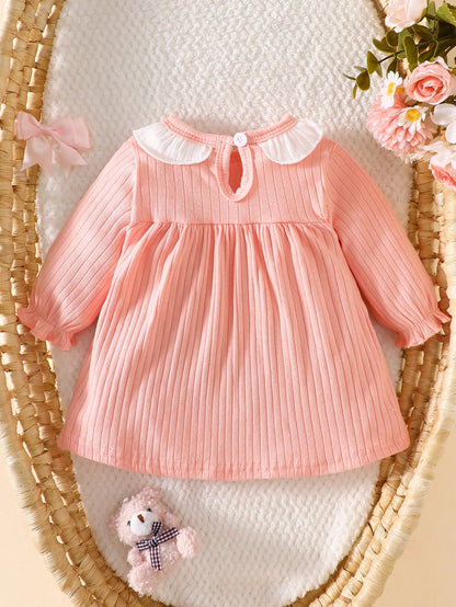 Newborn Baby Girl White Lace Collar Stitching Pink Long Sleeve Bowknot Dress, New Cute Elegant, Simple And Comfortable