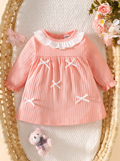 Newborn Baby Girl White Lace Collar Stitching Pink Long Sleeve Bowknot Dress, New Cute Elegant, Simple And Comfortable