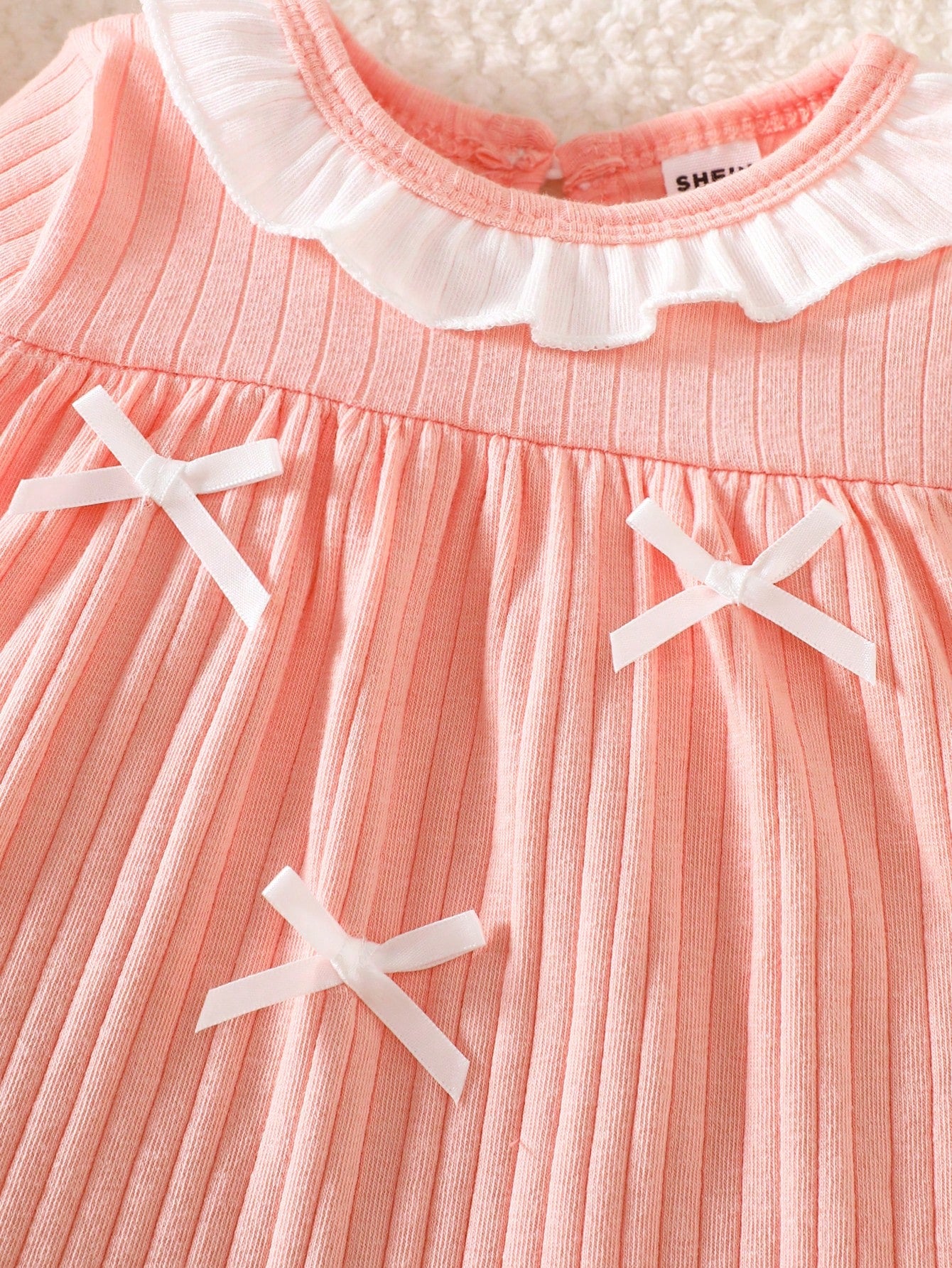 Newborn Baby Girl White Lace Collar Stitching Pink Long Sleeve Bowknot Dress, New Cute Elegant, Simple And Comfortable