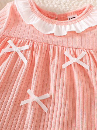 Newborn Baby Girl White Lace Collar Stitching Pink Long Sleeve Bowknot Dress, New Cute Elegant, Simple And Comfortable