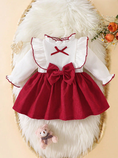 Newborn Baby Girl White Long Sleeved Lace Collar Patchwork Pink Bow Dress Autumn And Winter Elegant