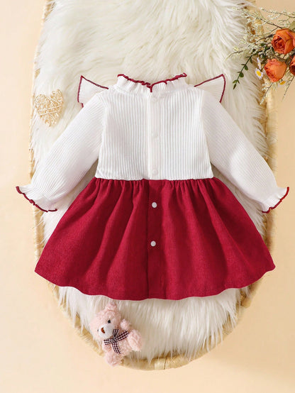 Newborn Baby Girl White Long Sleeved Lace Collar Patchwork Pink Bow Dress Autumn And Winter Elegant