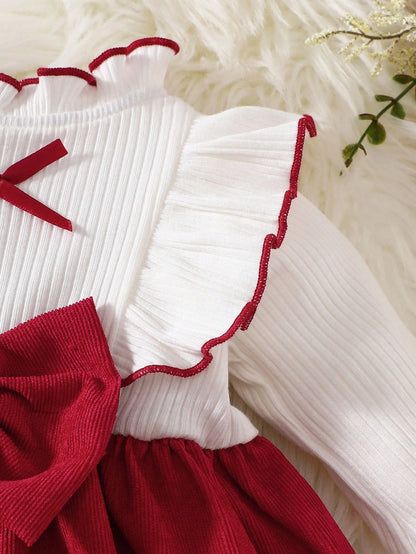 Newborn Baby Girl White Long Sleeved Lace Collar Patchwork Pink Bow Dress Autumn And Winter Elegant